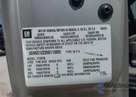 2006 Chevrolet Avalanche 1500 Ls z USA, uszkodzony, nr VIN 3GNEC12Z26G110865